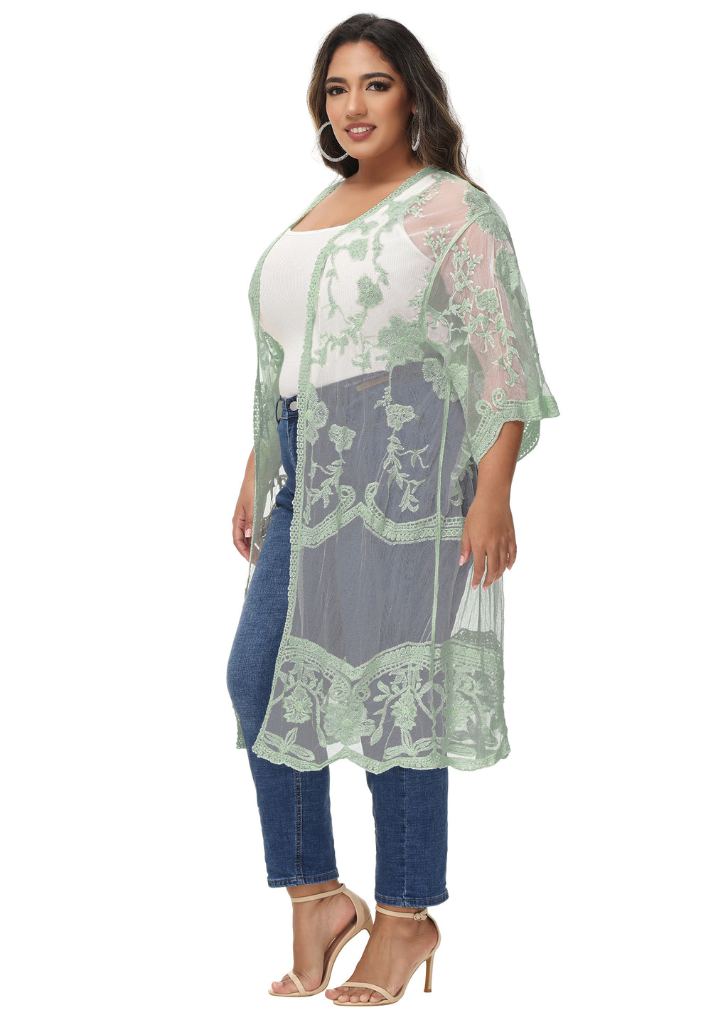 Cárdigan de encaje de talla grande para mujer de Anna-Kaci, traje de baño de playa de crochet floral abierto al frente, kimono largo
