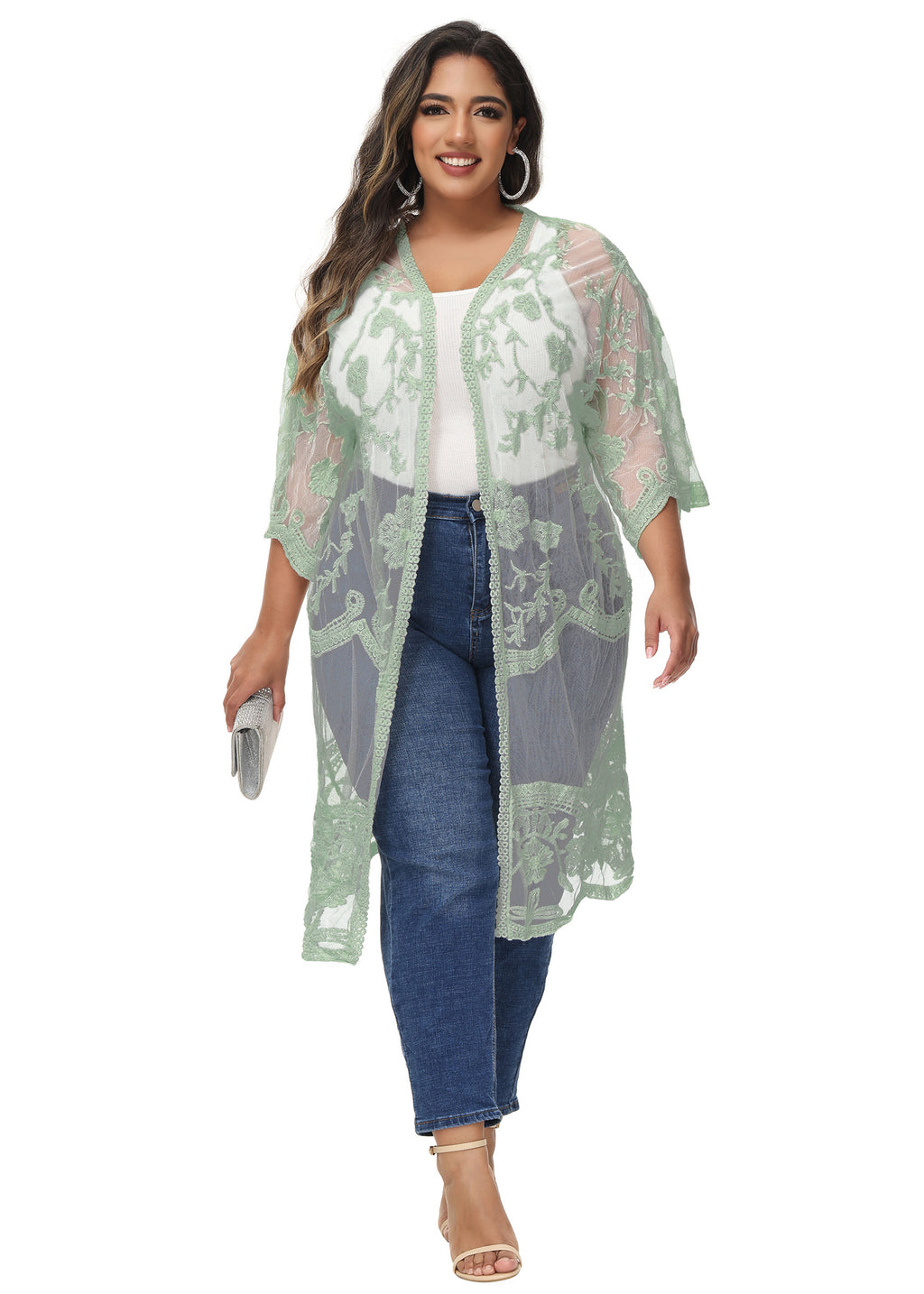 Cárdigan de encaje de talla grande para mujer de Anna-Kaci, traje de baño de playa de crochet floral abierto al frente, kimono largo