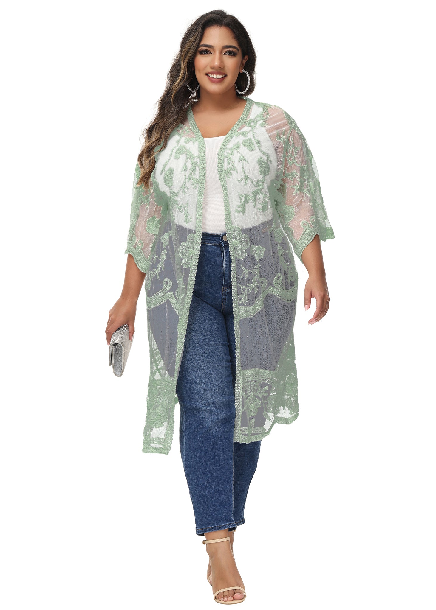Cárdigan de encaje de talla grande para mujer de Anna-Kaci, traje de baño de playa de crochet floral abierto al frente, kimono largo