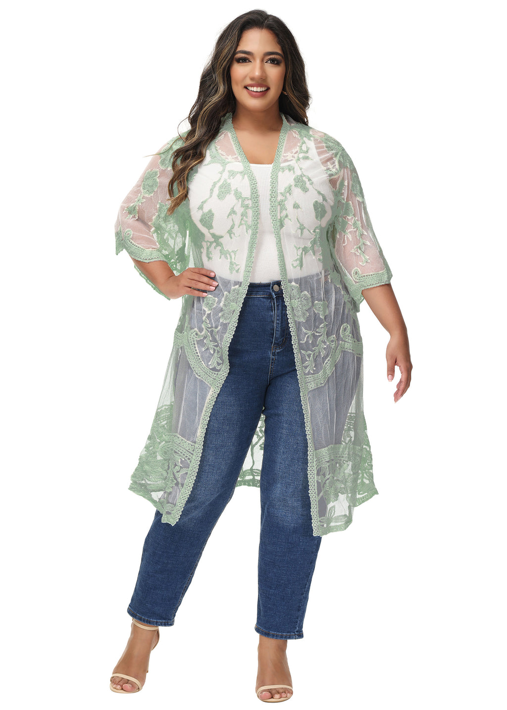 Cárdigan de encaje de talla grande para mujer de Anna-Kaci, traje de baño de playa de crochet floral abierto al frente, kimono largo