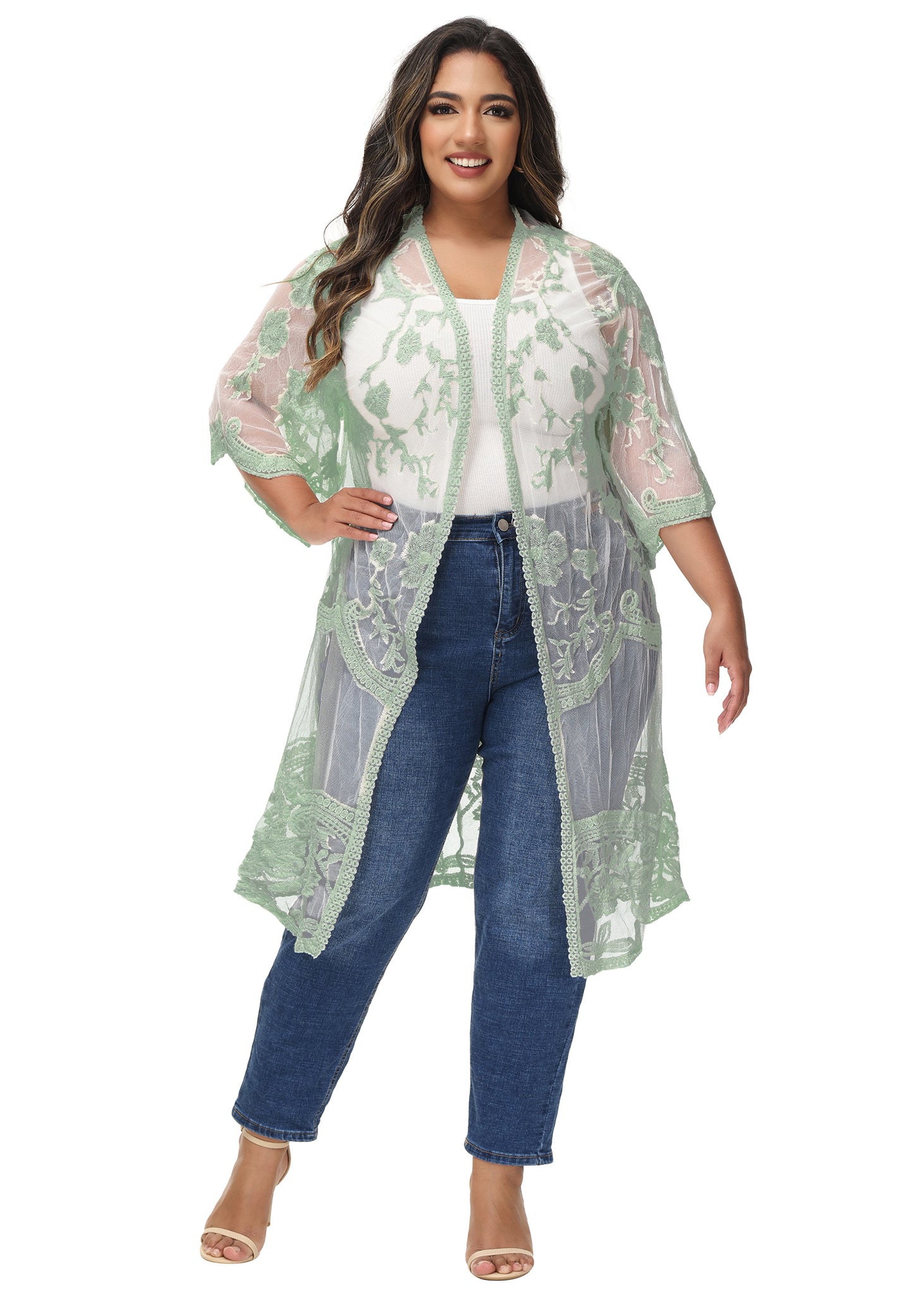 Cárdigan de encaje de talla grande para mujer de Anna-Kaci, traje de baño de playa de crochet floral abierto al frente, kimono largo