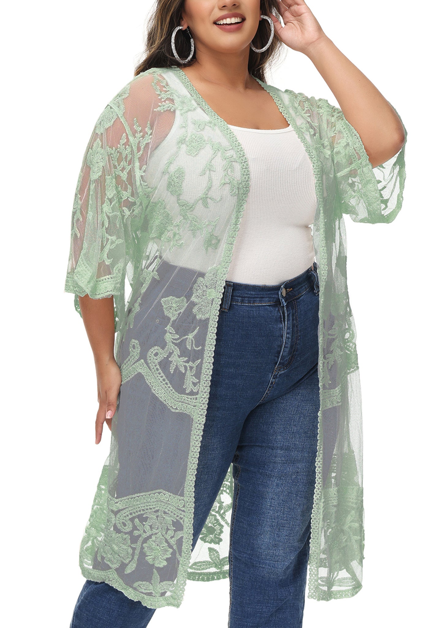 Cárdigan de encaje de talla grande para mujer de Anna-Kaci, traje de baño de playa de crochet floral abierto al frente, kimono largo