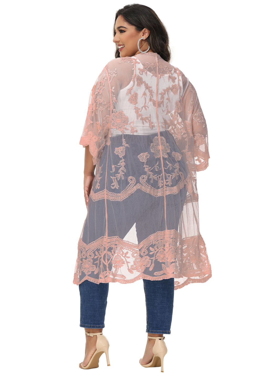 Cárdigan de encaje de talla grande para mujer de Anna-Kaci, traje de baño de playa de crochet floral abierto al frente, kimono largo