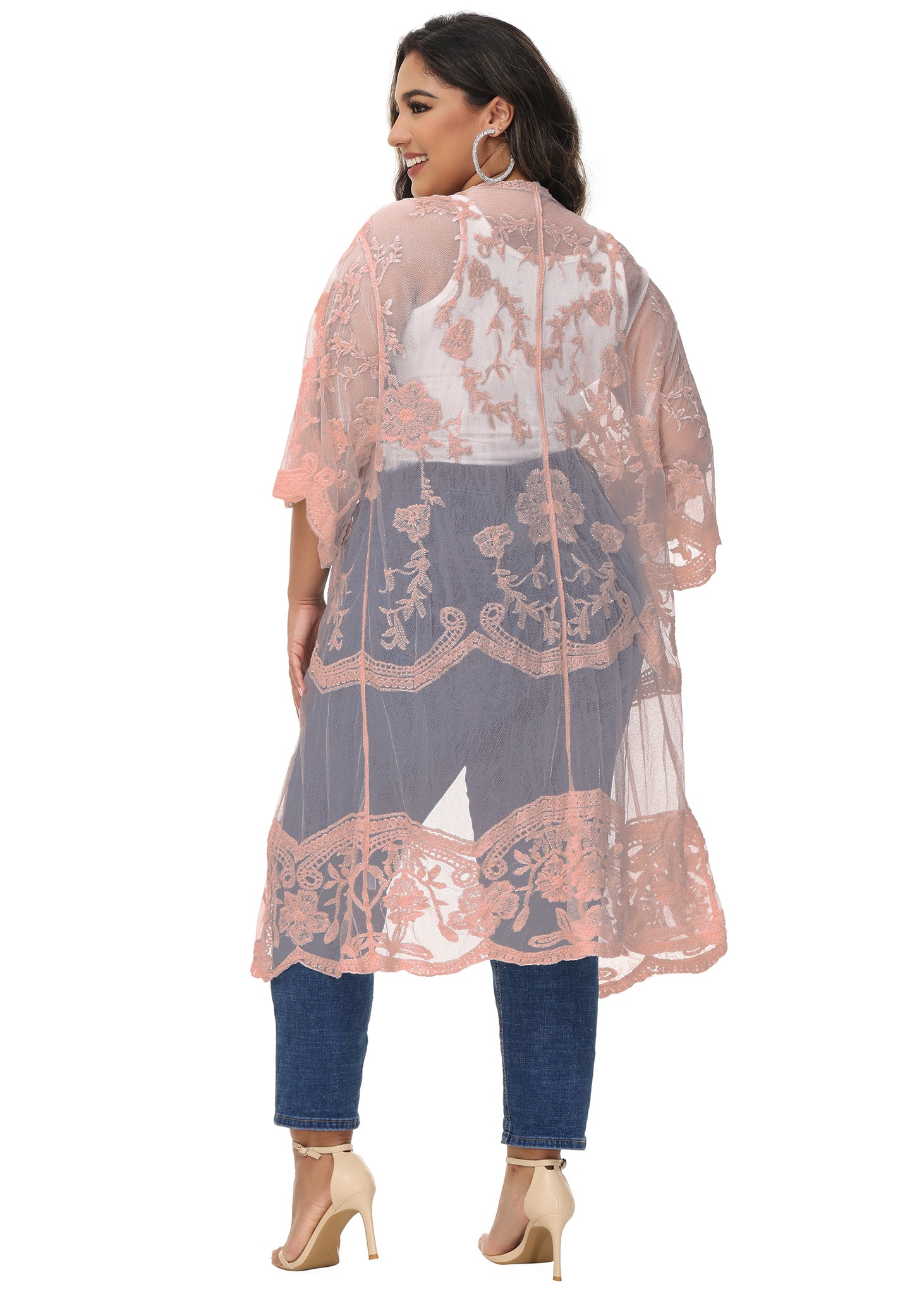 Cárdigan de encaje de talla grande para mujer de Anna-Kaci, traje de baño de playa de crochet floral abierto al frente, kimono largo