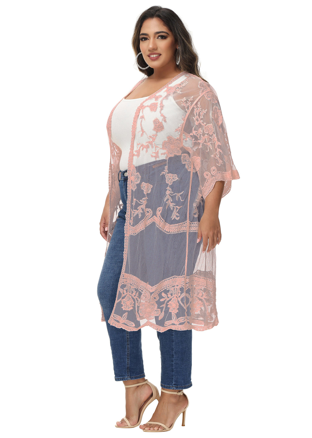 Cárdigan de encaje de talla grande para mujer de Anna-Kaci, traje de baño de playa de crochet floral abierto al frente, kimono largo