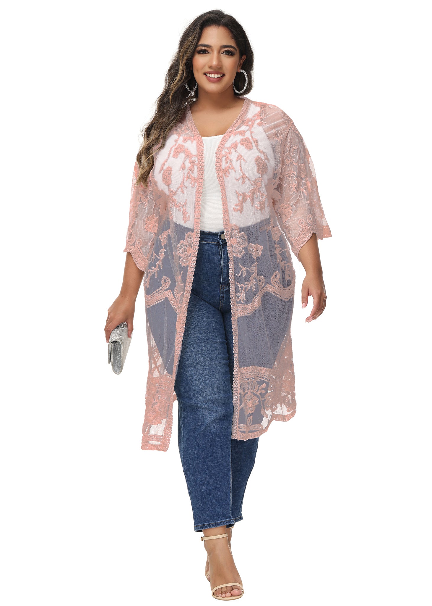 Cárdigan de encaje de talla grande para mujer de Anna-Kaci, traje de baño de playa de crochet floral abierto al frente, kimono largo