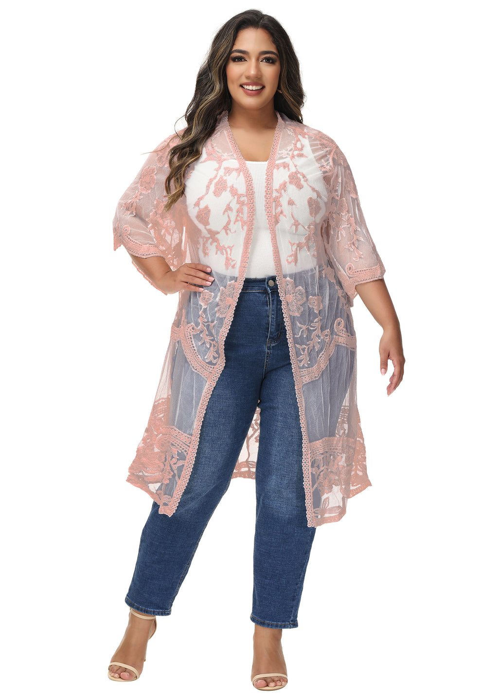 Cárdigan de encaje de talla grande para mujer de Anna-Kaci, traje de baño de playa de crochet floral abierto al frente, kimono largo