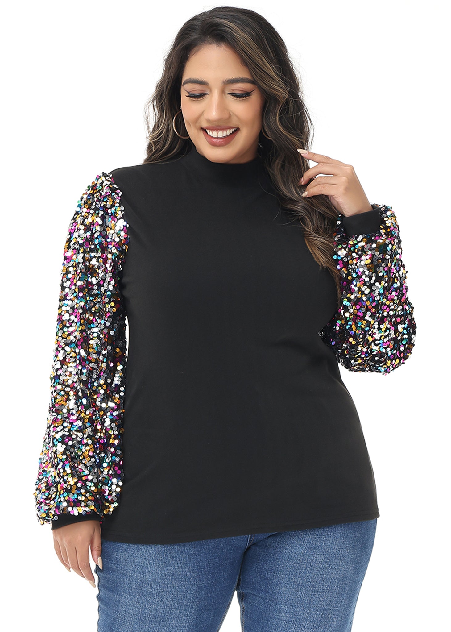 Sudadera con lentejuelas brillantes de talla grande para mujer de Anna-Kaci, jersey de cuello alto, manga larga, blusa de fiesta con purpurina