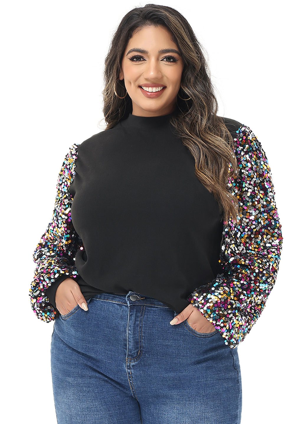 Sudadera con lentejuelas brillantes de talla grande para mujer de Anna-Kaci, jersey de cuello alto, manga larga, blusa de fiesta con purpurina