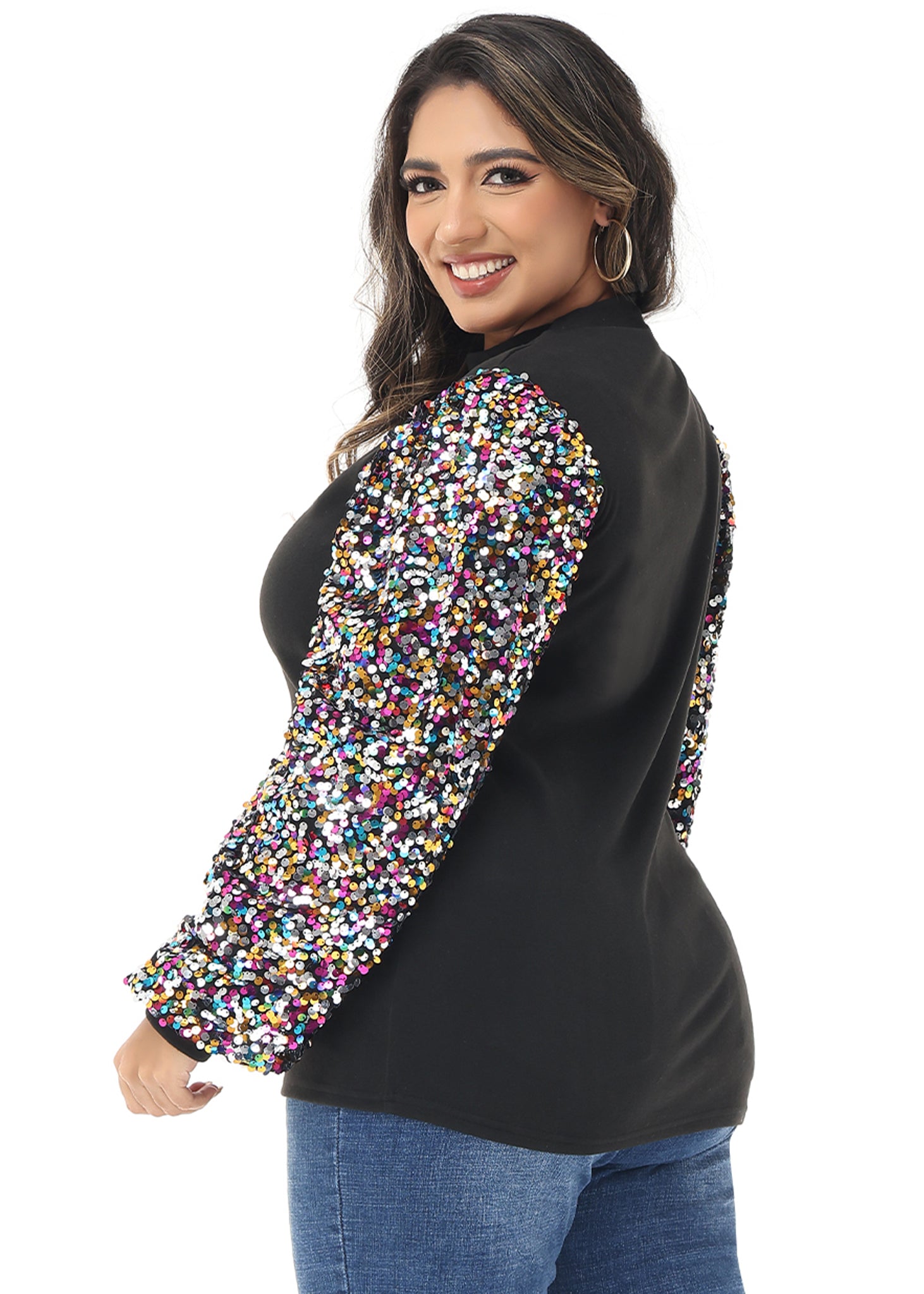 Sudadera con lentejuelas brillantes de talla grande para mujer de Anna-Kaci, jersey de cuello alto, manga larga, blusa de fiesta con purpurina