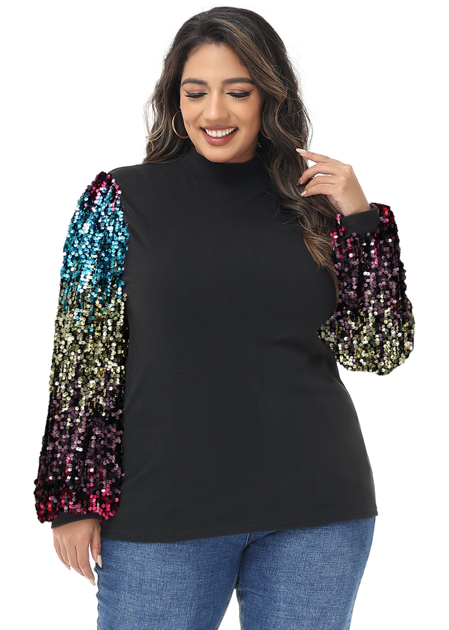 Sudadera con lentejuelas brillantes de talla grande para mujer de Anna-Kaci, jersey de cuello alto, manga larga, blusa de fiesta con purpurina
