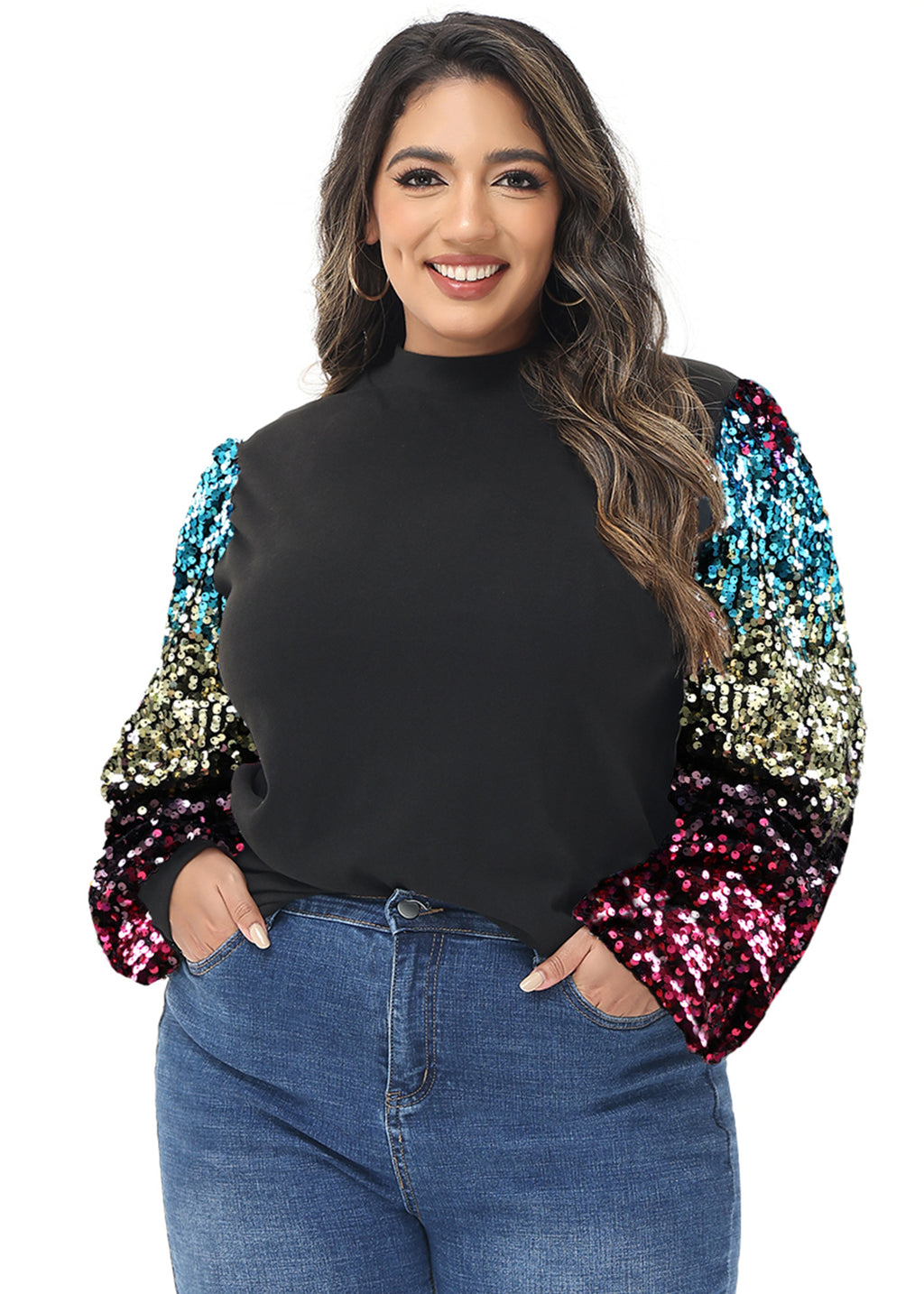 Sudadera con lentejuelas brillantes de talla grande para mujer de Anna-Kaci, jersey de cuello alto, manga larga, blusa de fiesta con purpurina