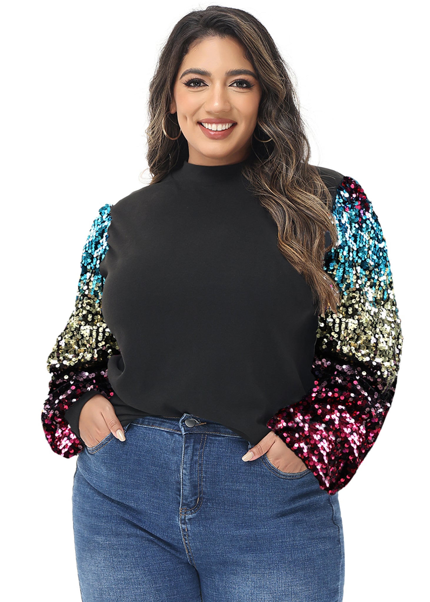 Sudadera con lentejuelas brillantes de talla grande para mujer de Anna-Kaci, jersey de cuello alto, manga larga, blusa de fiesta con purpurina