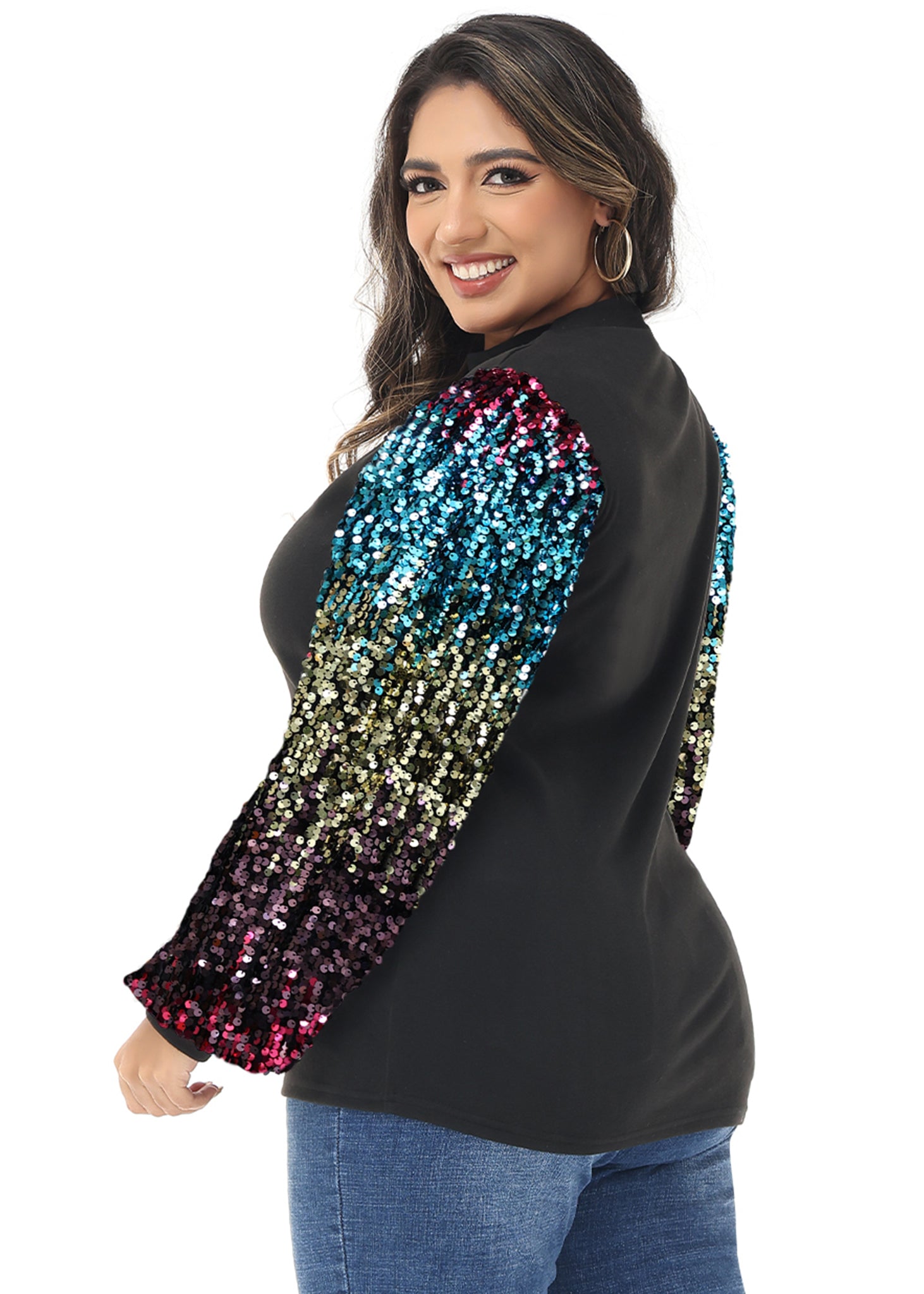 Sudadera con lentejuelas brillantes de talla grande para mujer de Anna-Kaci, jersey de cuello alto, manga larga, blusa de fiesta con purpurina
