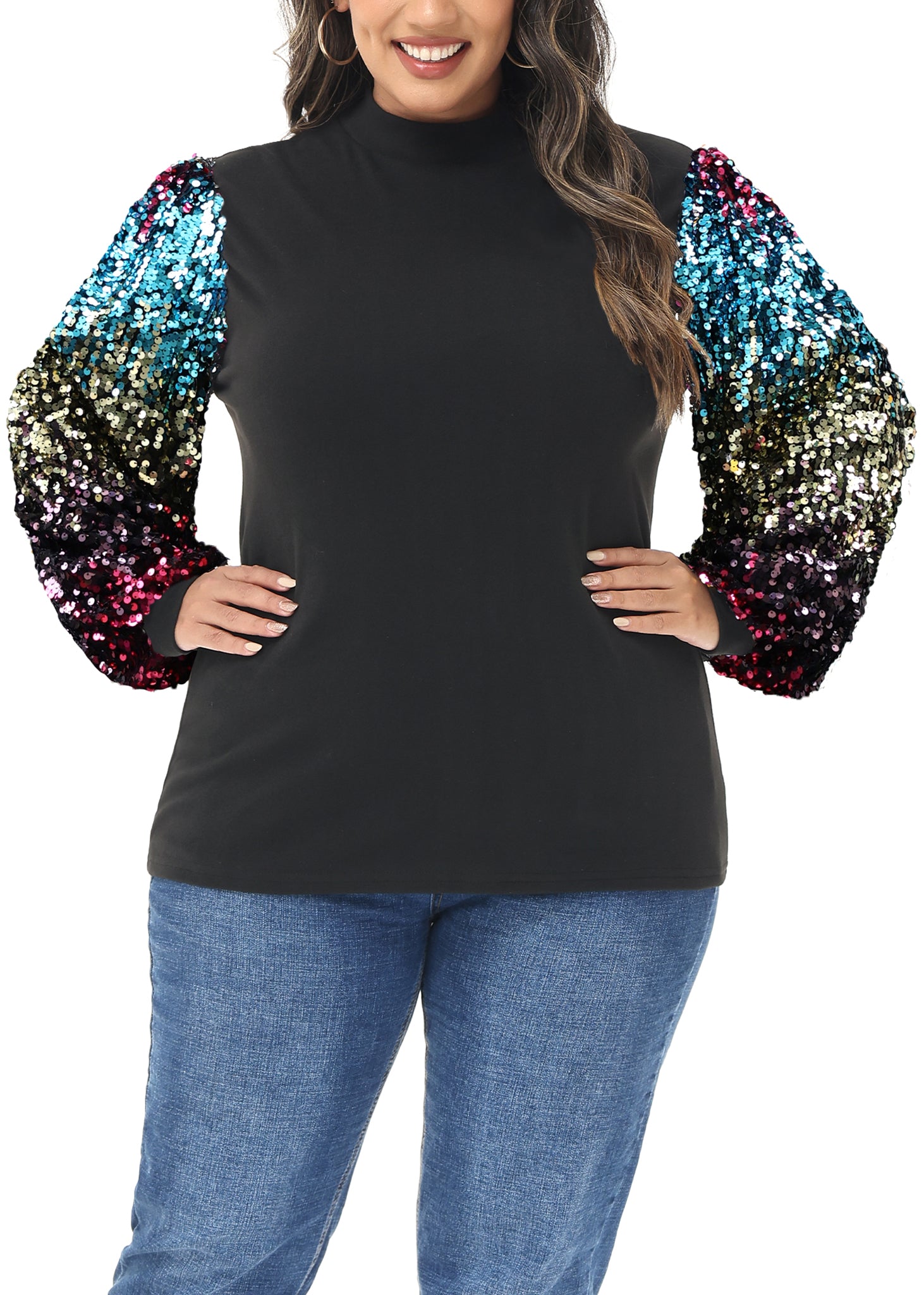 Sudadera con lentejuelas brillantes de talla grande para mujer de Anna-Kaci, jersey de cuello alto, manga larga, blusa de fiesta con purpurina