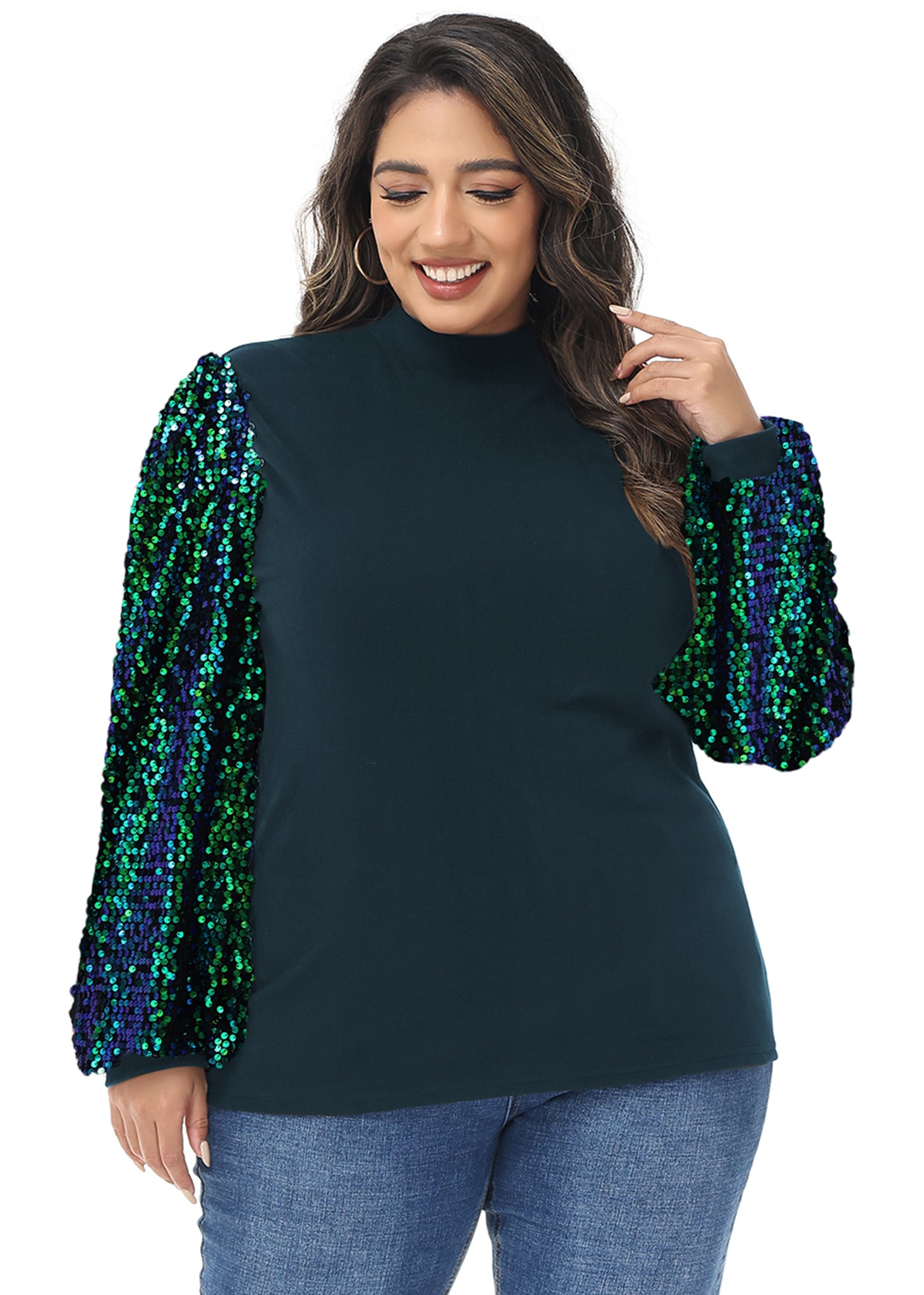 Sudadera con lentejuelas brillantes de talla grande para mujer de Anna-Kaci, jersey de cuello alto, manga larga, blusa de fiesta con purpurina
