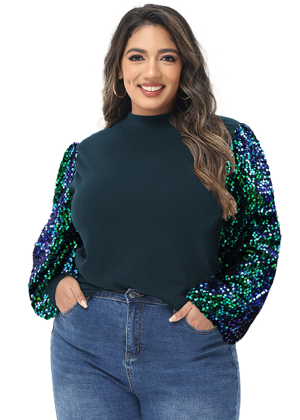 Sudadera con lentejuelas brillantes de talla grande para mujer de Anna-Kaci, jersey de cuello alto, manga larga, blusa de fiesta con purpurina