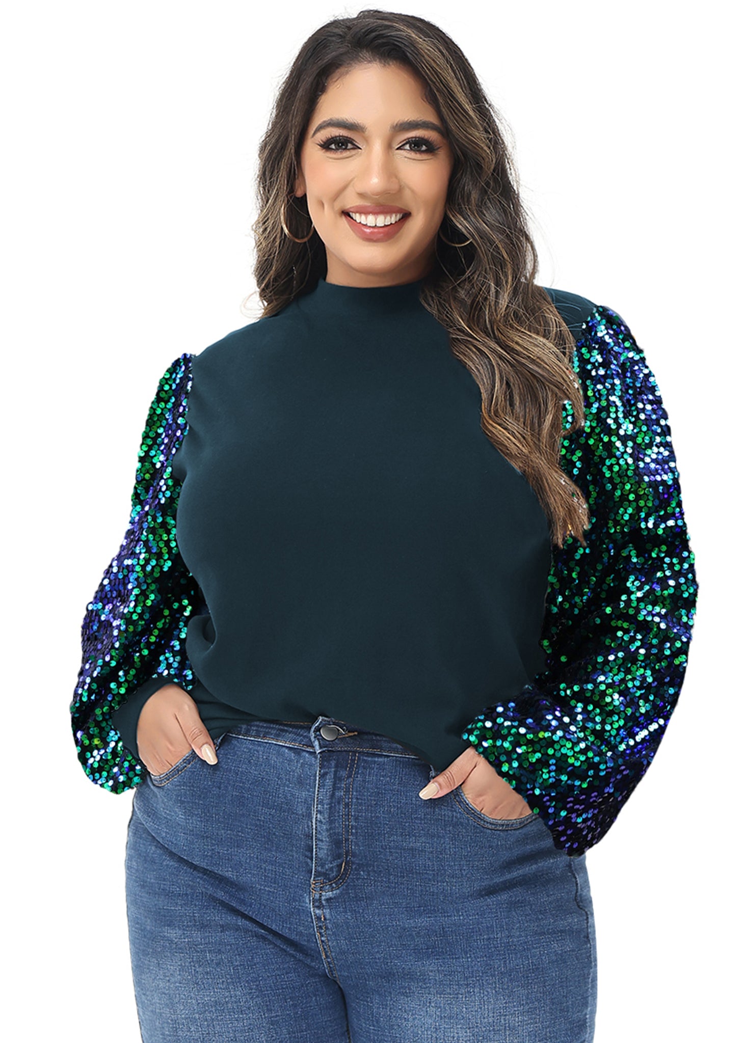 Sudadera con lentejuelas brillantes de talla grande para mujer de Anna-Kaci, jersey de cuello alto, manga larga, blusa de fiesta con purpurina
