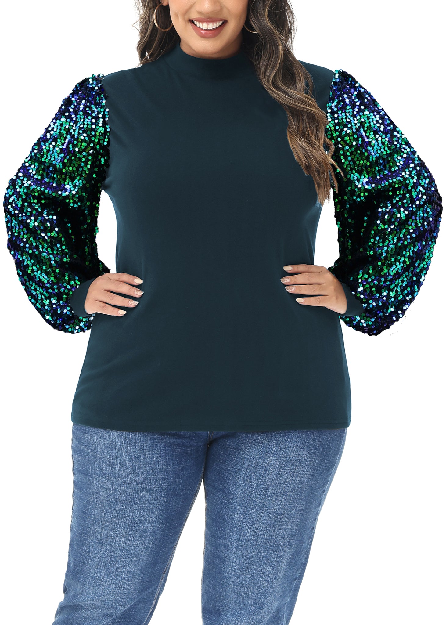 Sudadera con lentejuelas brillantes de talla grande para mujer de Anna-Kaci, jersey de cuello alto, manga larga, blusa de fiesta con purpurina
