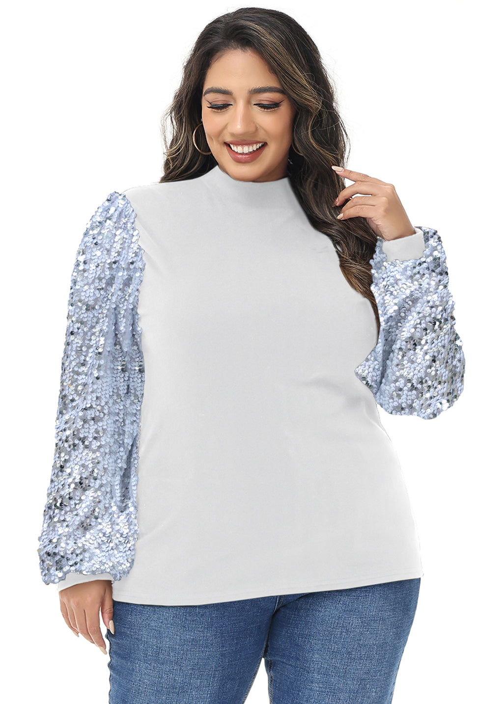 Sudadera con lentejuelas brillantes de talla grande para mujer de Anna-Kaci, jersey de cuello alto, manga larga, blusa de fiesta con purpurina
