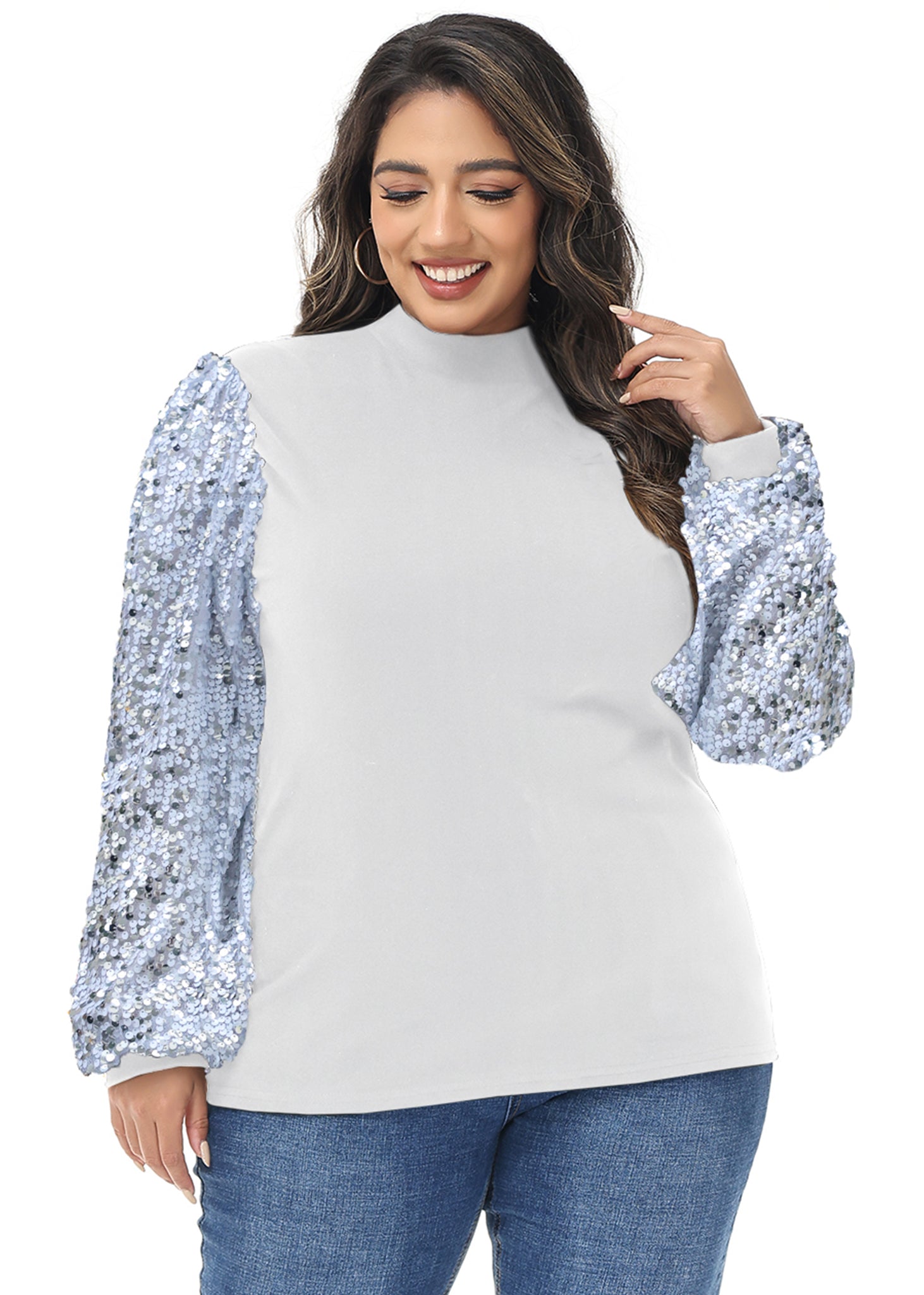 Sudadera con lentejuelas brillantes de talla grande para mujer de Anna-Kaci, jersey de cuello alto, manga larga, blusa de fiesta con purpurina