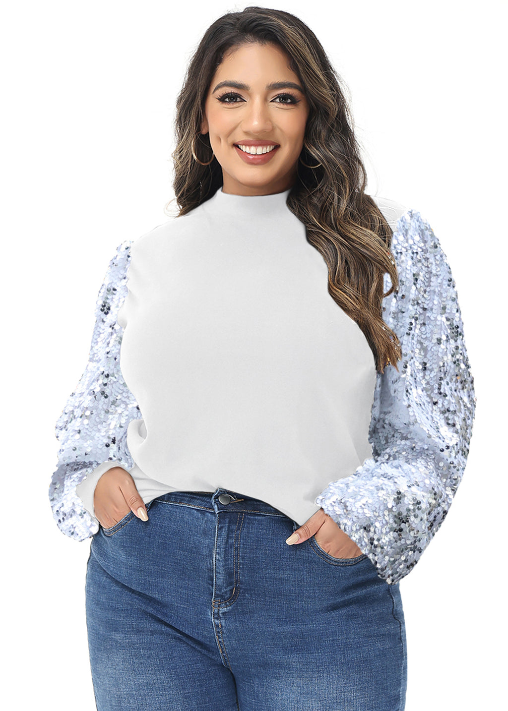 Sudadera con lentejuelas brillantes de talla grande para mujer de Anna-Kaci, jersey de cuello alto, manga larga, blusa de fiesta con purpurina