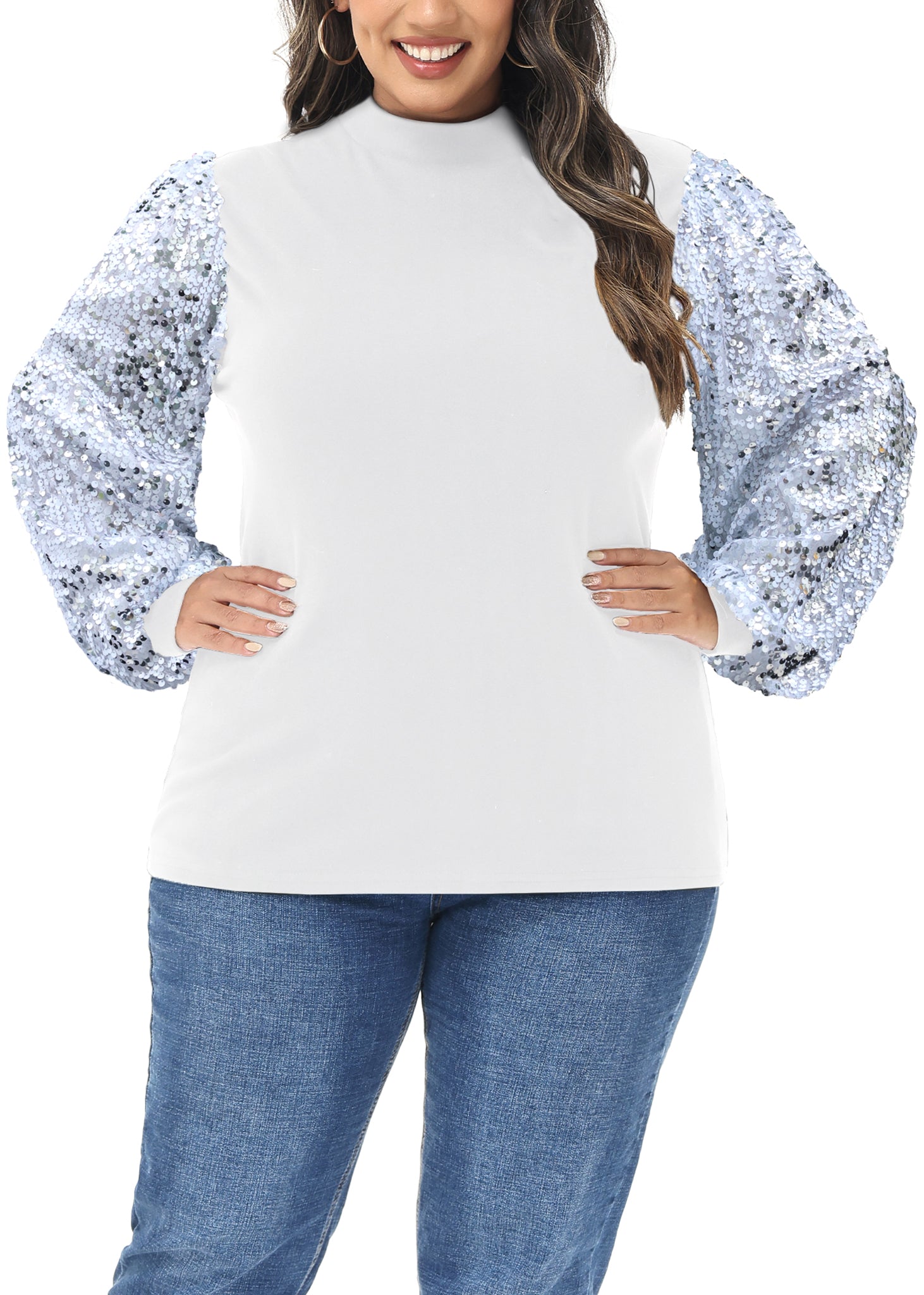 Sudadera con lentejuelas brillantes de talla grande para mujer de Anna-Kaci, jersey de cuello alto, manga larga, blusa de fiesta con purpurina