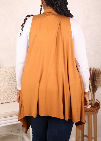 Plus Size Boho Open Front Crochet Cover Up Sleeveless Shawl Cardigan Vest, Solid Cashew