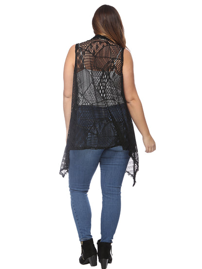 Plus Size Boho Open Front Crochet Cover Up Sleeveless Shawl Cardigan Vest, Black