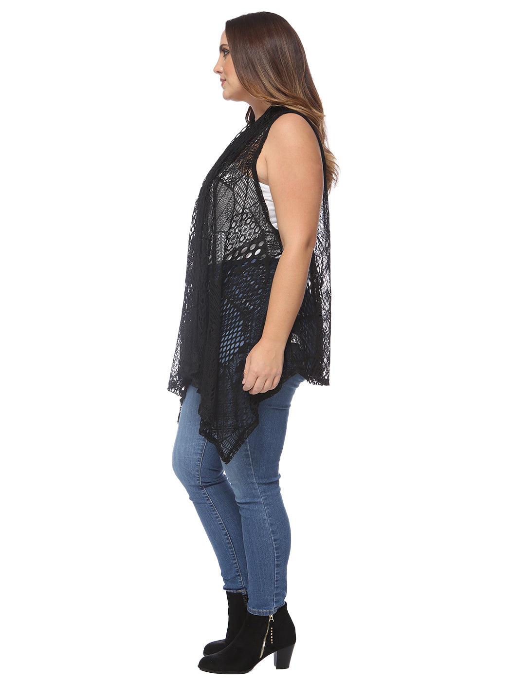Plus Size Boho Open Front Crochet Cover Up Sleeveless Shawl Cardigan Vest, Black