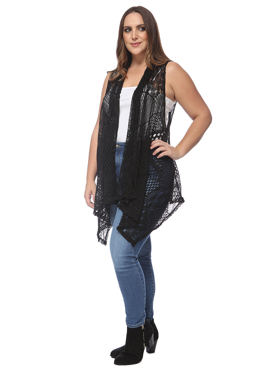Plus Size Boho Open Front Crochet Cover Up Sleeveless Shawl Cardigan Vest, Black