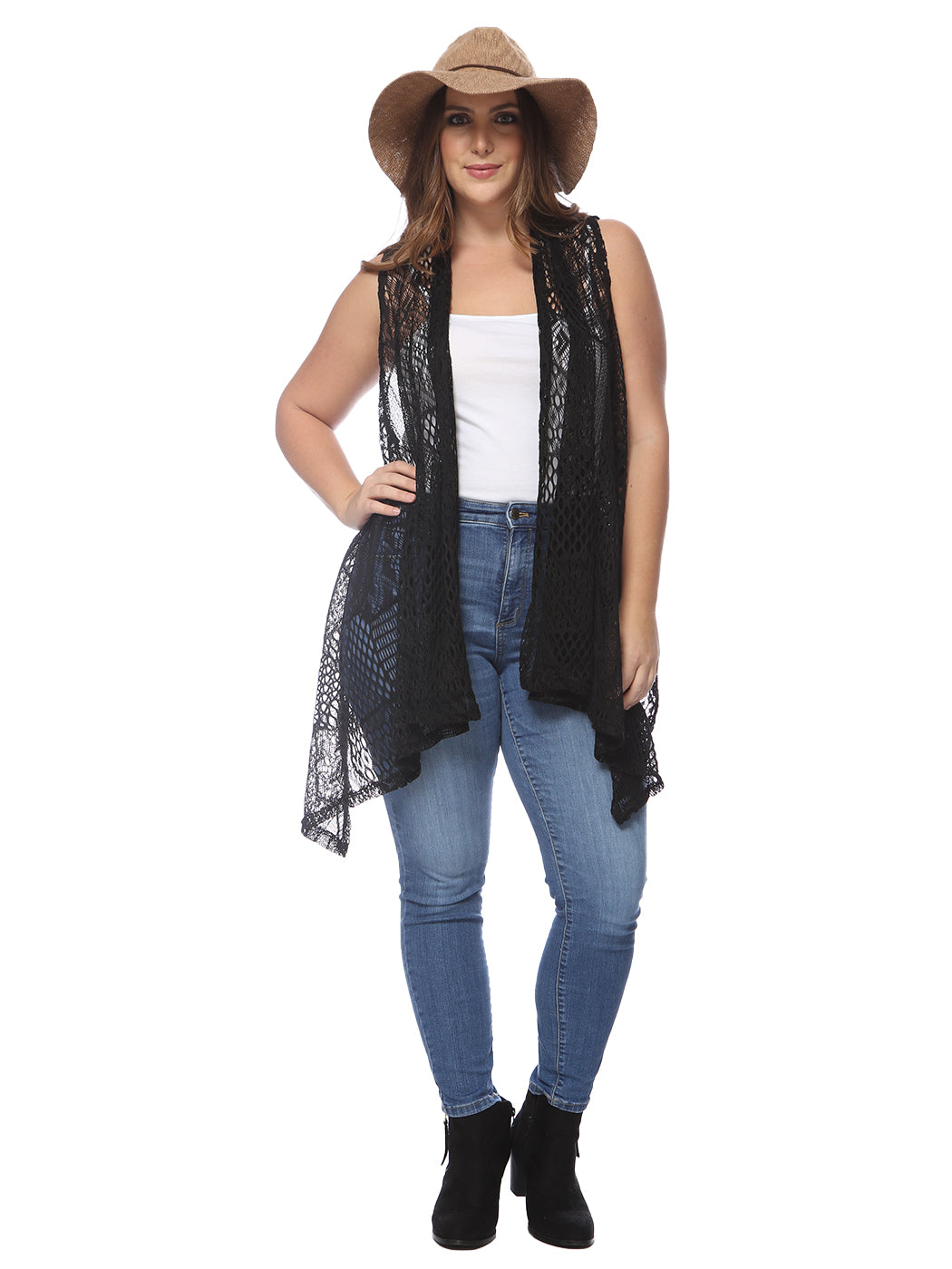 Plus Size Boho Open Front Crochet Cover Up Sleeveless Shawl Cardigan Vest, Black