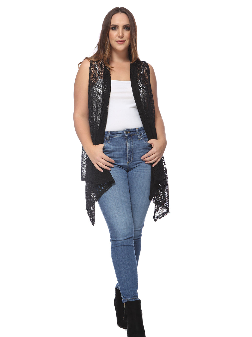 Plus Size Boho Open Front Crochet Cover Up Sleeveless Shawl Cardigan Vest, Black