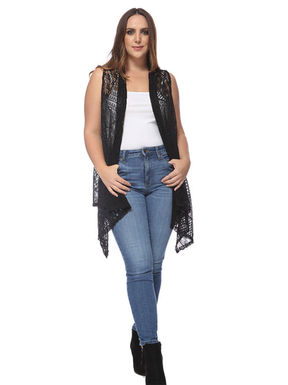 Plus Size Boho Open Front Crochet Cover Up Sleeveless Shawl Cardigan Vest, Black