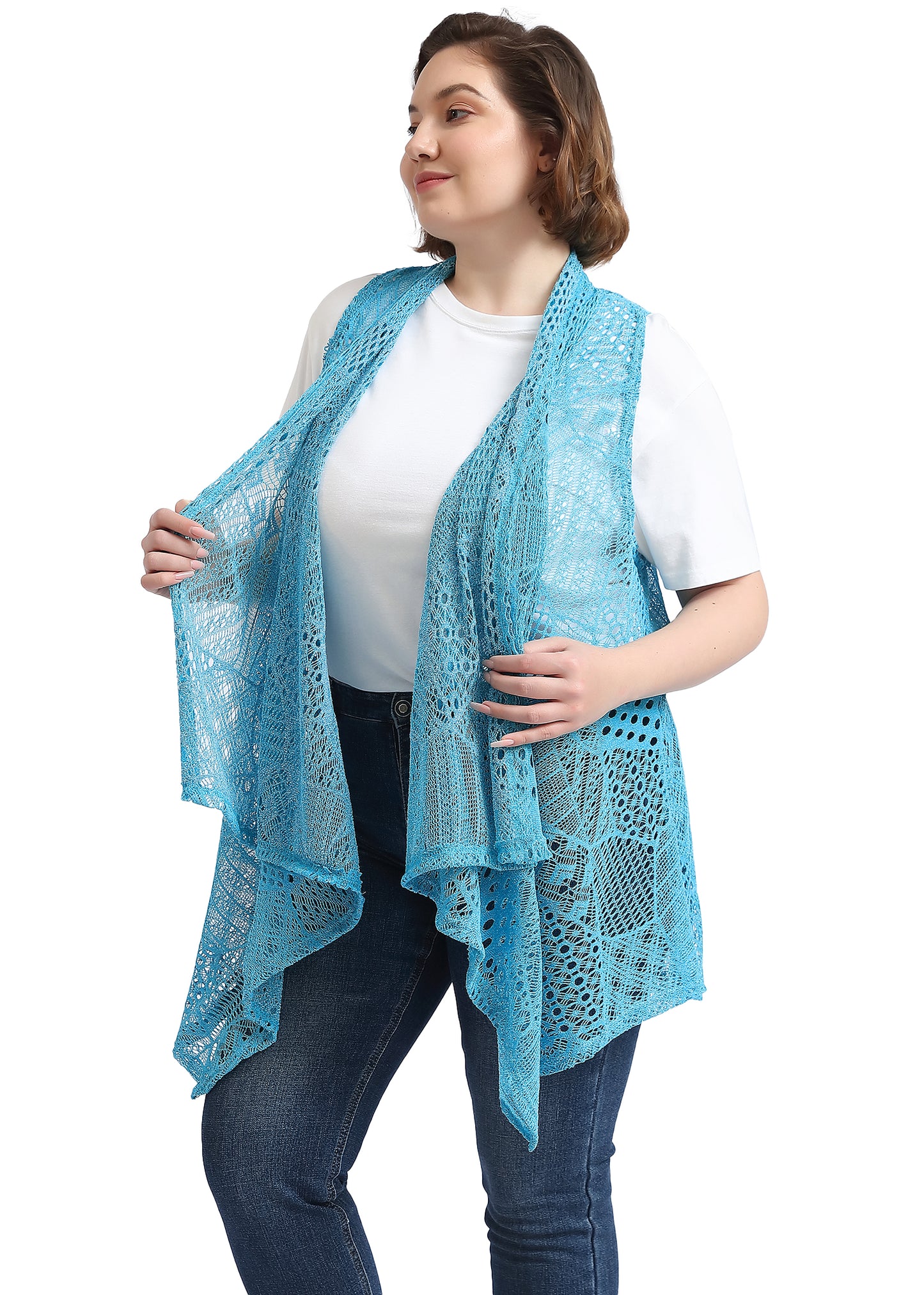 Plus Size Boho Open Front Crochet Cover Up Sleeveless Shawl Cardigan Vest, Blue