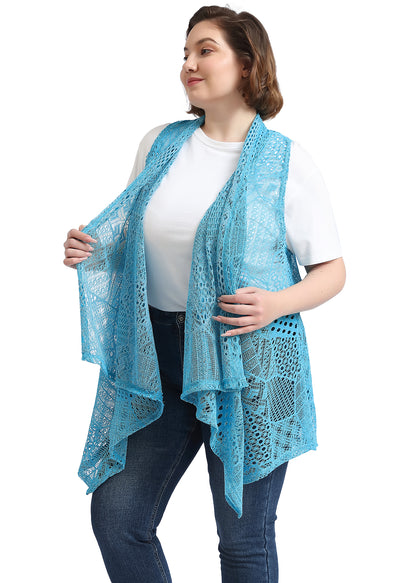 Plus Size Boho Open Front Crochet Cover Up Sleeveless Shawl Cardigan Vest, Blue
