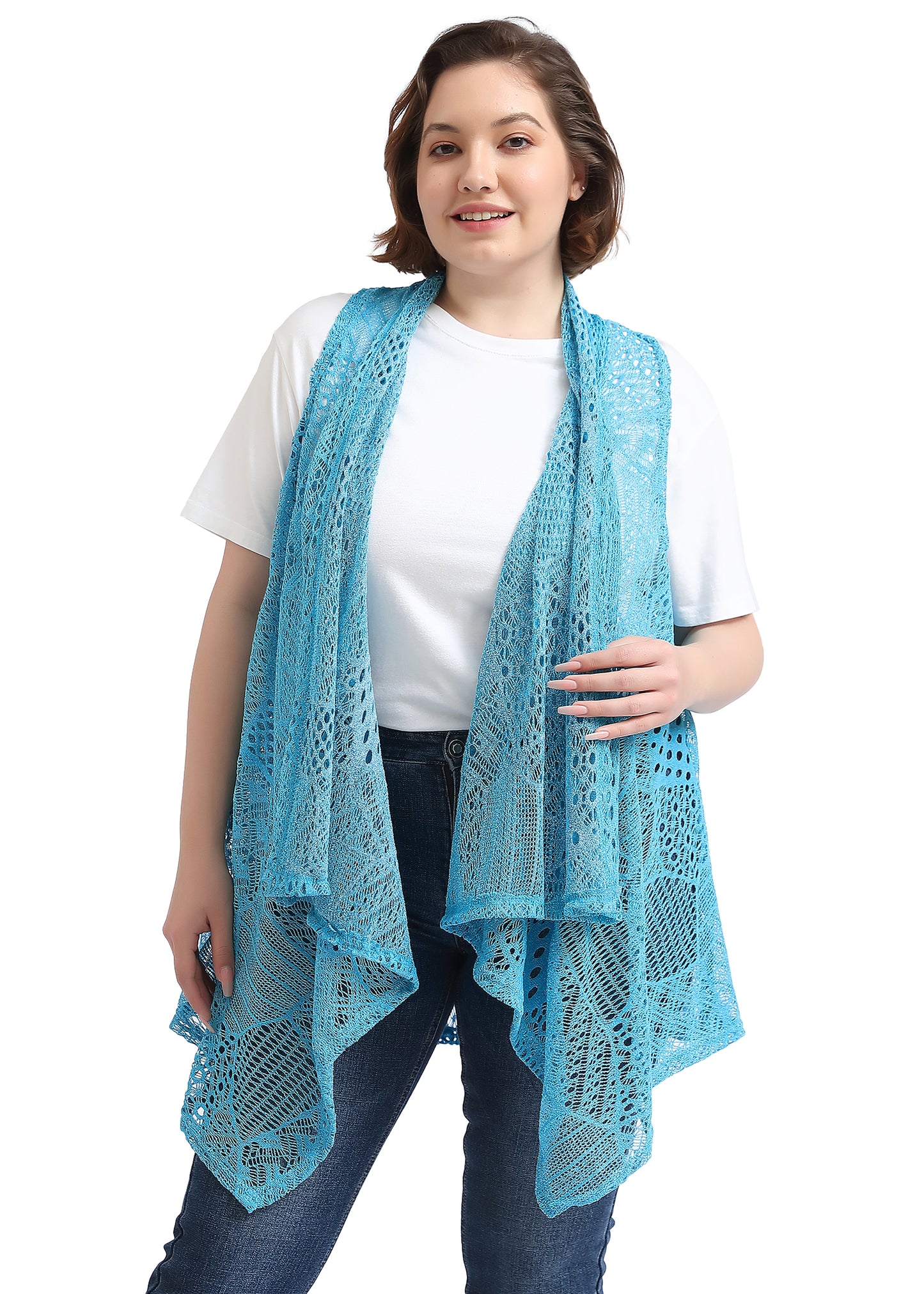 Plus Size Boho Open Front Crochet Cover Up Sleeveless Shawl Cardigan Vest, Blue