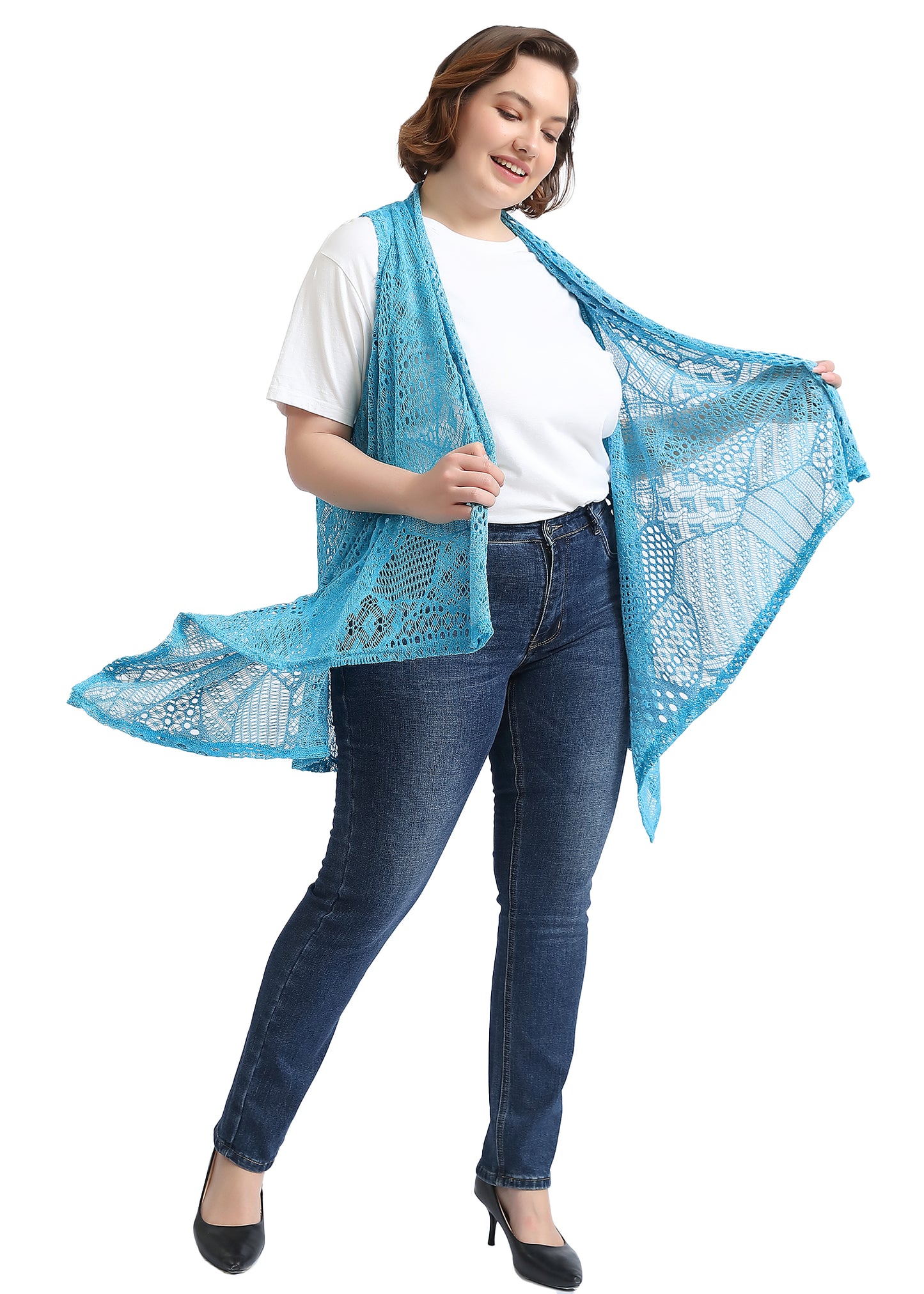 Plus Size Boho Open Front Crochet Cover Up Sleeveless Shawl Cardigan Vest, Blue