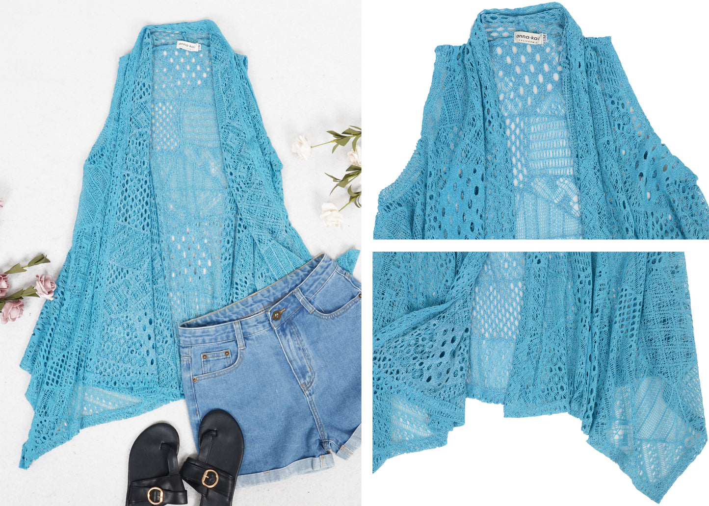 Plus Size Boho Open Front Crochet Cover Up Sleeveless Shawl Cardigan Vest, Blue