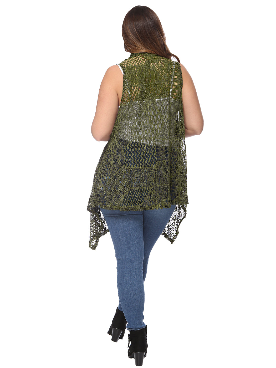 Chaleco tipo cárdigan tipo chal sin mangas con abertura frontal de crochet estilo bohemio de talla grande, color verde oliva