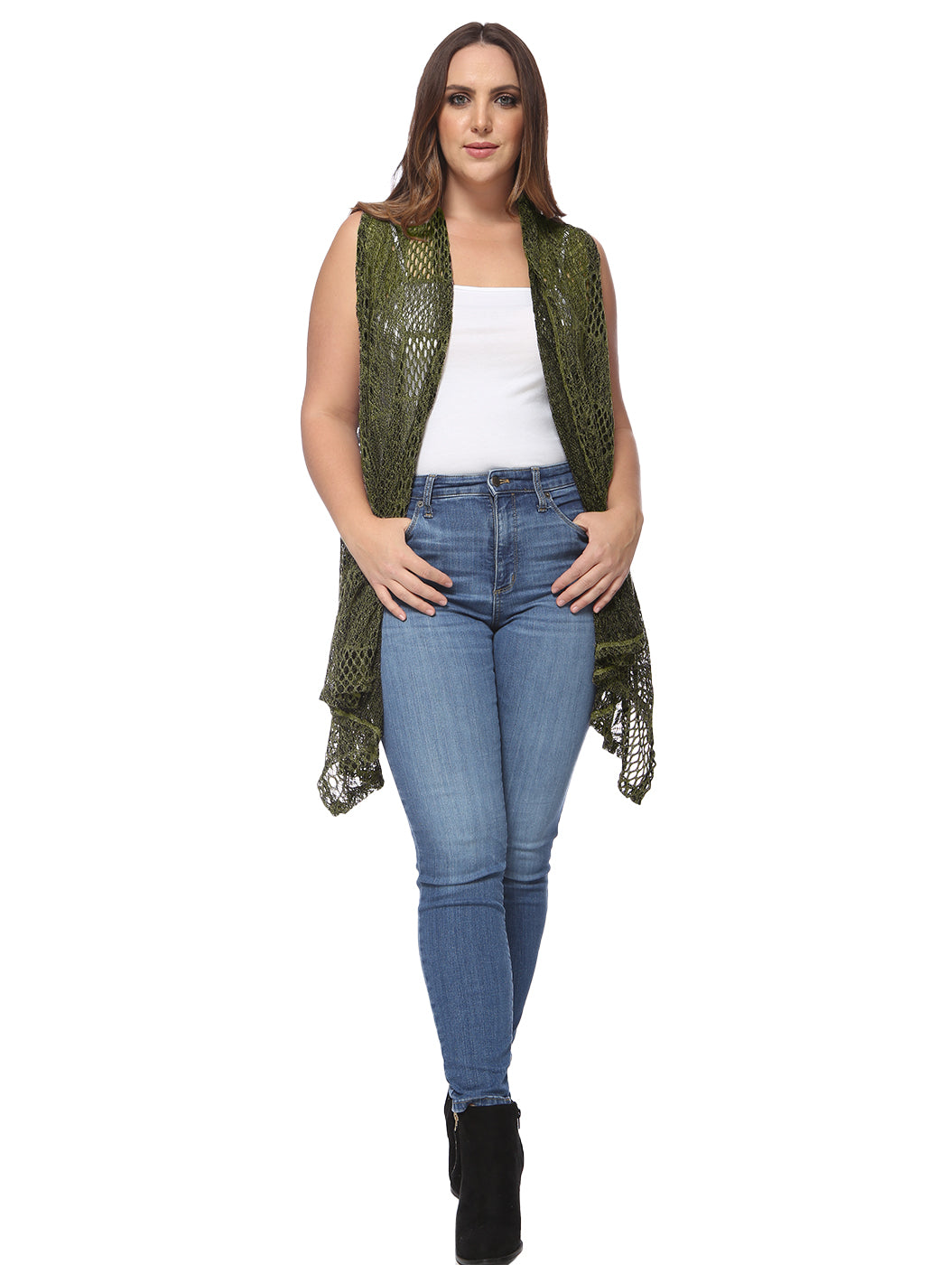 Chaleco tipo cárdigan tipo chal sin mangas con abertura frontal de crochet estilo bohemio de talla grande, color verde oliva