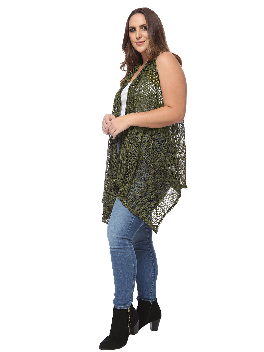 Chaleco tipo cárdigan tipo chal sin mangas con abertura frontal de crochet estilo bohemio de talla grande, color verde oliva