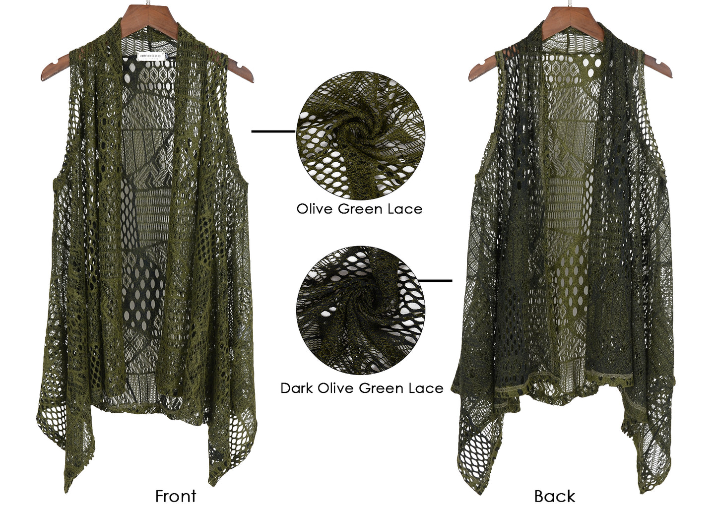 Chaleco tipo cárdigan tipo chal sin mangas con abertura frontal de crochet estilo bohemio de talla grande, color verde oliva