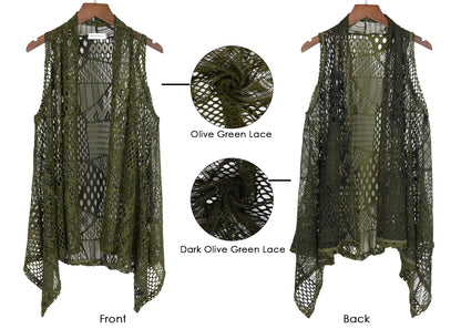 Chaleco tipo cárdigan tipo chal sin mangas con abertura frontal de crochet estilo bohemio de talla grande, color verde oliva