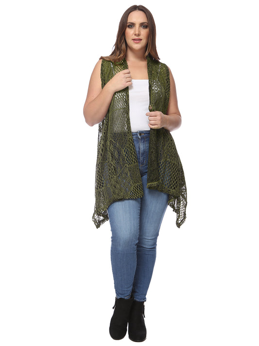 Chaleco tipo cárdigan tipo chal sin mangas con abertura frontal de crochet estilo bohemio de talla grande, color verde oliva