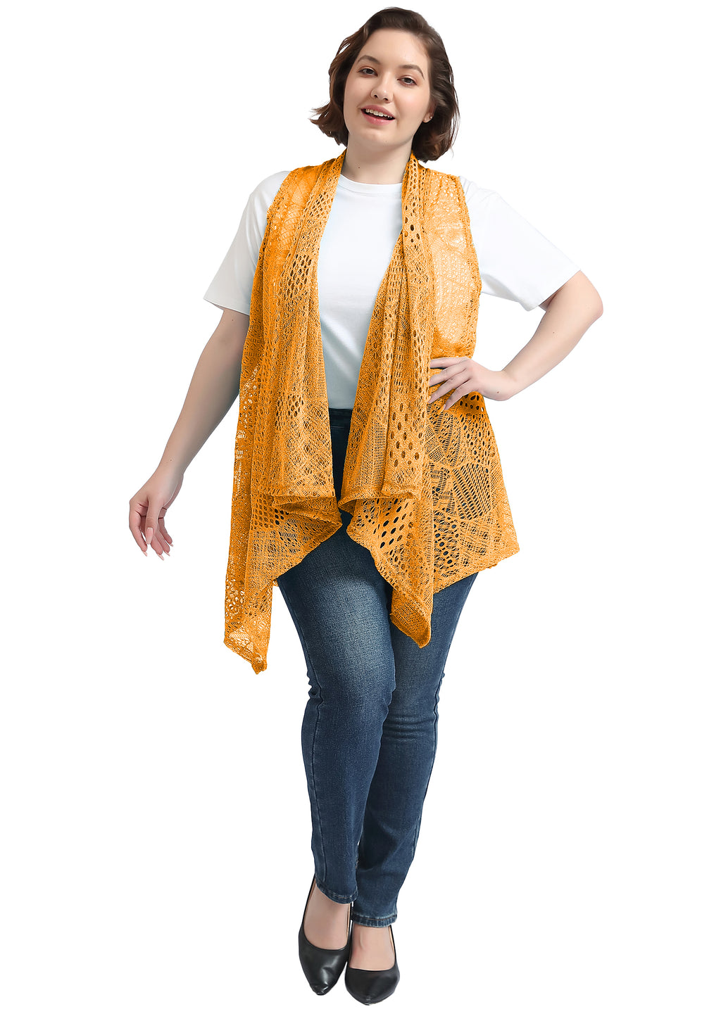 Chaleco tipo cárdigan tipo chal sin mangas con abertura frontal de crochet estilo bohemio de talla grande, amarillo