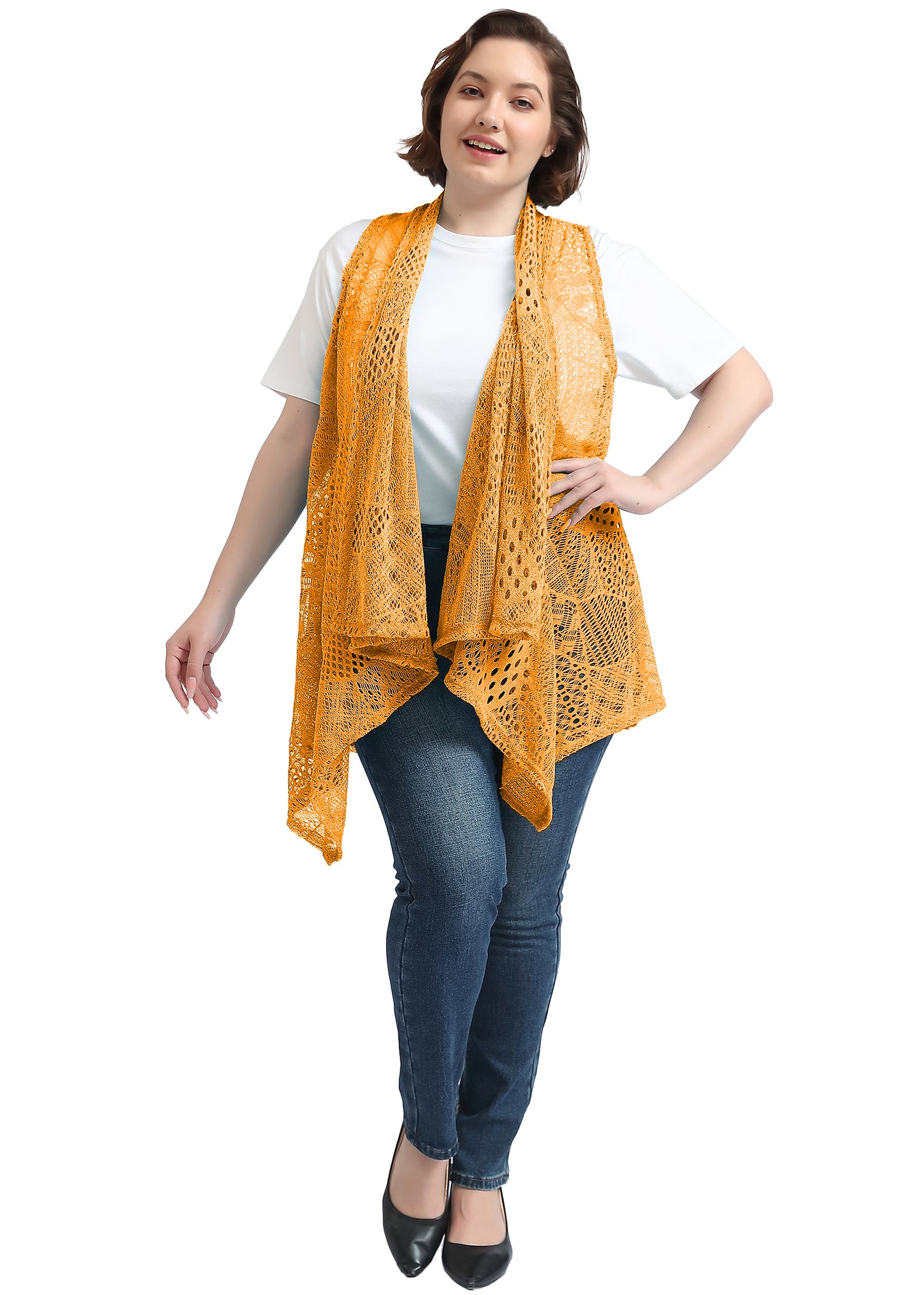 Chaleco tipo cárdigan tipo chal sin mangas con abertura frontal de crochet estilo bohemio de talla grande, amarillo