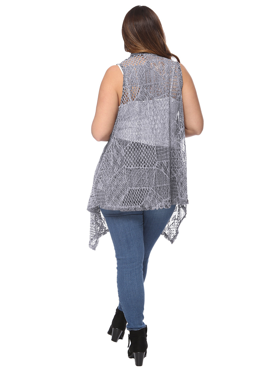 Chaleco tipo cárdigan tipo chal sin mangas con abertura frontal de crochet estilo bohemio de talla grande