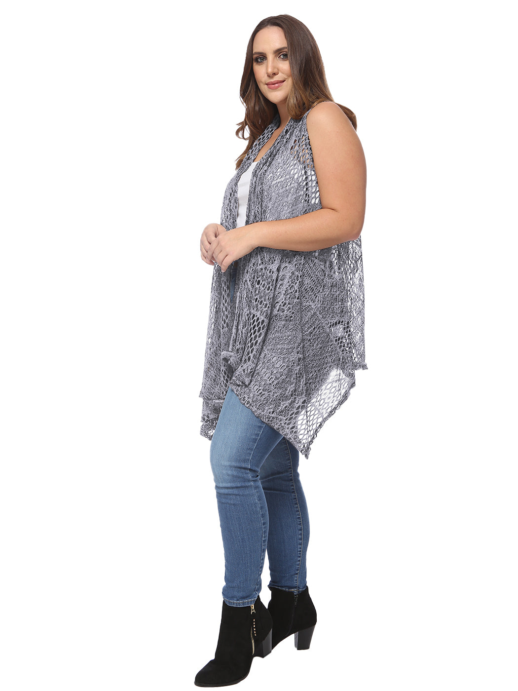 Chaleco tipo cárdigan tipo chal sin mangas con abertura frontal de crochet estilo bohemio de talla grande