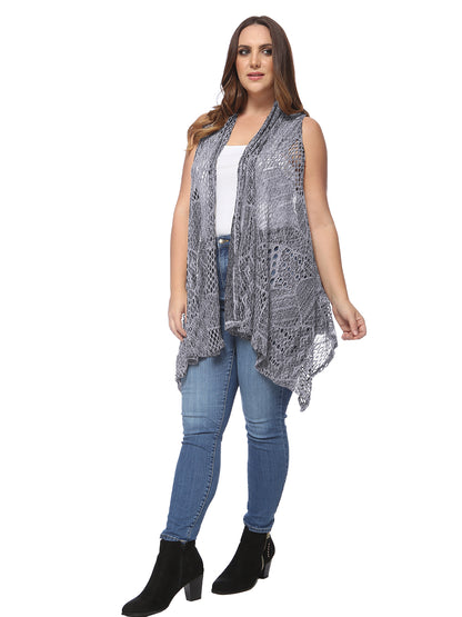 Chaleco tipo cárdigan tipo chal sin mangas con abertura frontal de crochet estilo bohemio de talla grande